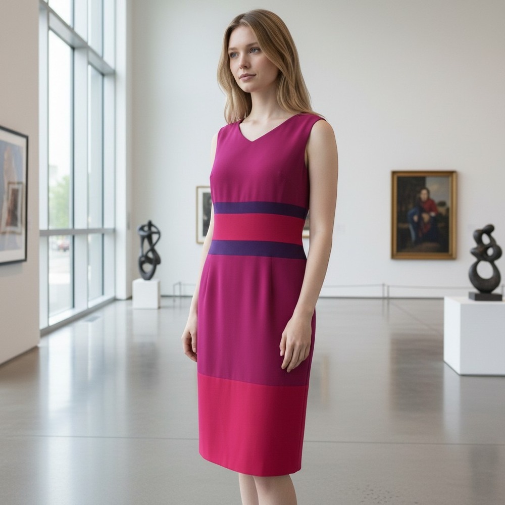 Maggy London Womens Pink Purple  100% Silk Colorblock Sheath Dress Size 6